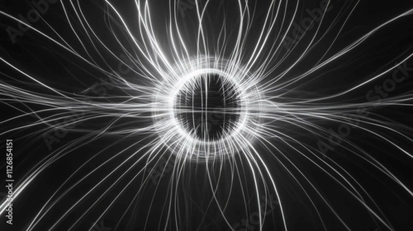 Fototapeta Abstract magnetic field visualization with glowing lines and arrows representing the flow of magnetic force around a central object in a dark, empty space.