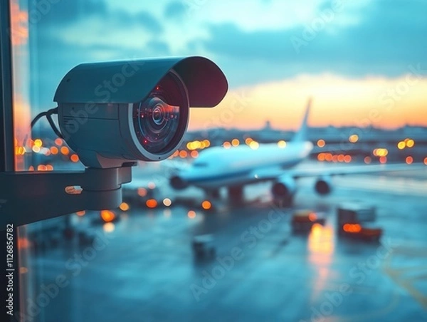 Fototapeta Surveillance camera at airport during sunset.