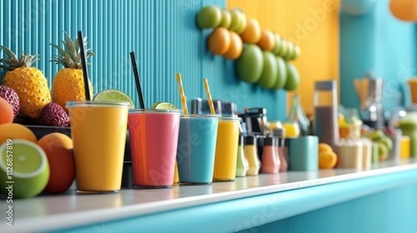 Fototapeta A smoothie shop counter with colorful drinks and exotic fruit decor.