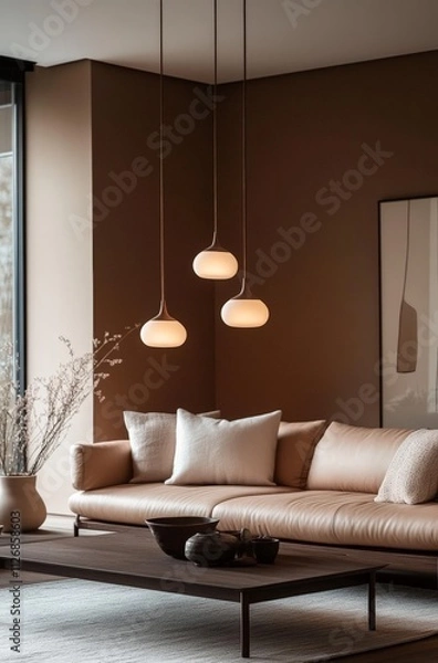 Fototapeta Modern living room with beige sofa and elegant pendant lights in minimalist design