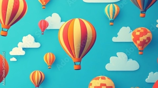 Fototapeta A vibrant scene of colorful hot air balloons floating against a bright blue sky with clouds.