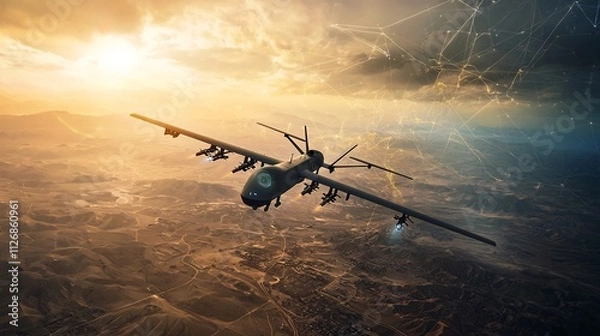 Fototapeta A military grade drone captured in flight over a vast desert terrain equipped with advanced holographic targeting systems and network connectivity