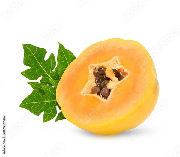 Fototapeta ripe papaya fruit with seeds isolated on white background. full depth of field