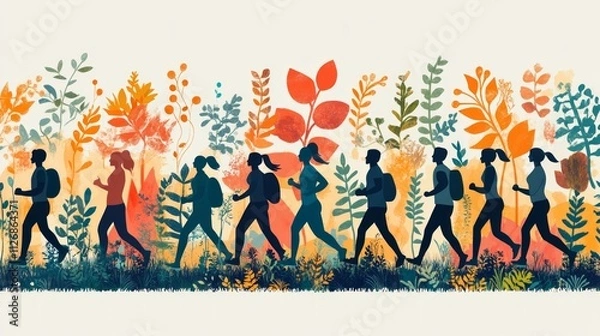 Fototapeta Participants engage in rucking along a scenic path surrounded by colorful foliage during a sunny day, showcasing teamwork and fitness in nature