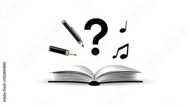 Fototapeta Open Book Question Mark Pencil Music Notes Education Creativity Knowledge Concept