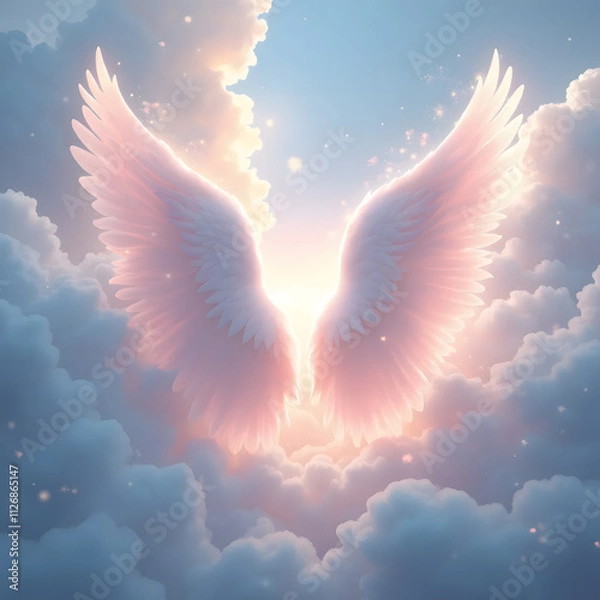 Fototapeta Pastel colored wings in the clouds - Rest in peace image - In loving memory - Anniversary Mass invitation - AI generated 