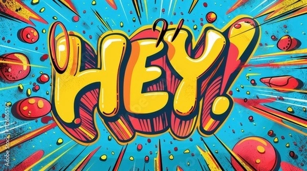 Fototapeta Vector illustration of a comic speech bubble with "HEY!" text, colorful pop art style, and dynamic design