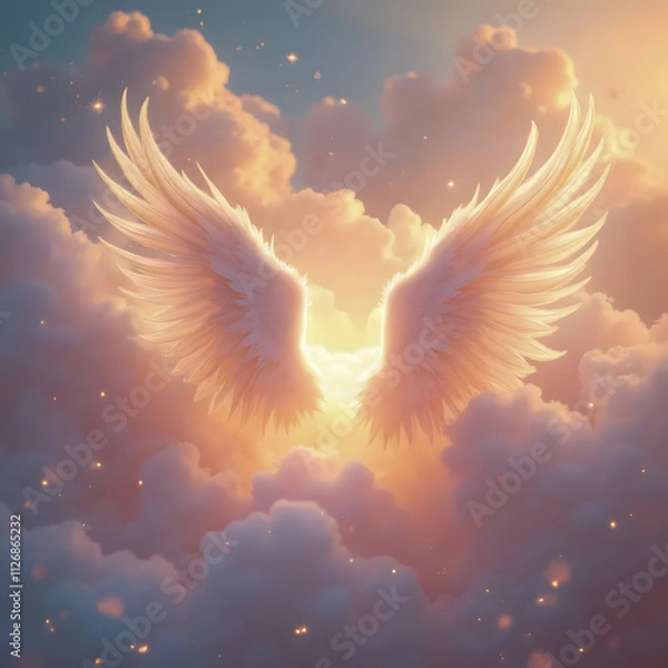 Obraz Pastel colored wings in the clouds - Rest in peace image - In loving memory - Anniversary Mass invitation - AI generated 