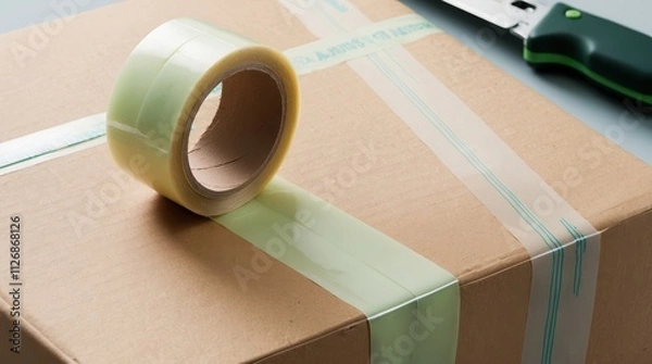 Fototapeta A cardboard box securely sealed with transparent tape, accompanied by a green-handled cutter, highlighting the preparations for shipping.