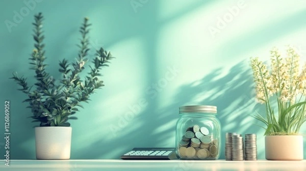Fototapeta Saving Money Plants And Calculator On Desk