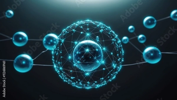 Fototapeta A digital abstract representation of molecules and atoms featuring glowing blue spheres interconnected by network lines. The dark background enhances the visual impact,