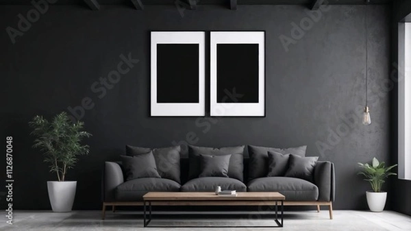 Fototapeta Mock up frames with black pictures on a black loft wall, living room