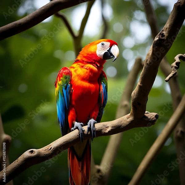 Fototapeta A colorful parrot perched on a branch in the rainforest.
