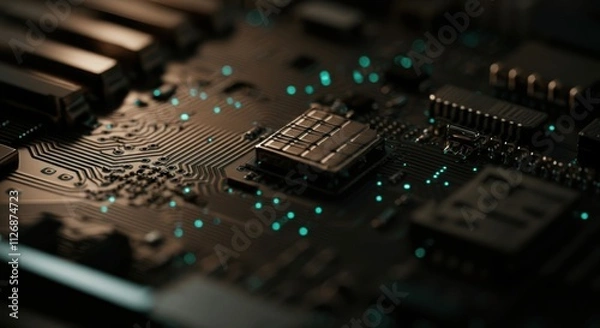 Fototapeta Close-up of computer motherboard with illuminated circuits