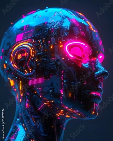 Fototapeta A futuristic polygonal cyborg head in vibrant holographic colors, intricate circuits glowing, 3D AI concept with sleek and realistic details