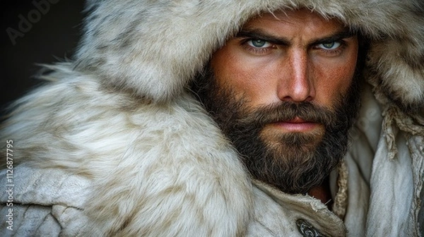 Fototapeta A man with a beard and a fur coat. He has a serious look on his face. The fur coat is white and has a lot of fur on it
