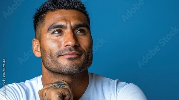 Fototapeta A man with a shaved head and a tattoo on his arm is looking up at the camera. He is deep in thought
