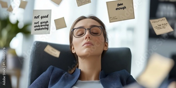 Obraz A businesswoman in glasses leans back in a chair with sticky notes around her, reflecting self-doubt and imposter syndrome, office background, copy space, selective focus

