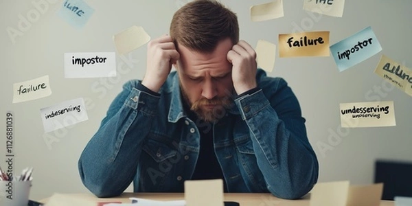 Obraz A frustrated man sits at a desk with his head in his hands, surrounded by sticky notes labeled with words like “failure” and “impostor,” symbolizing anxiety and doubt, selective focus

