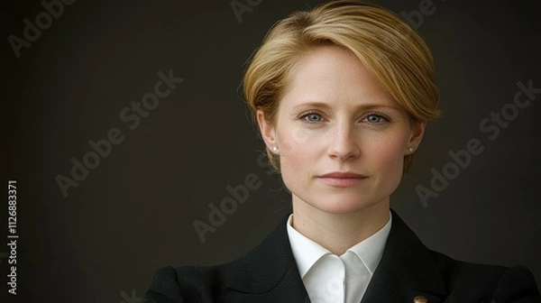 Fototapeta A woman with blonde hair and a white shirt is standing in front of a dark background. She is wearing a black jacket and she is posing for a photo