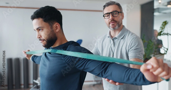 Fototapeta Physiotherapy, resistance band and consulting with man and athlete in clinic for rehabilitation, healthcare or stretching. Support, medical and muscle with people for healing, advice or recovery