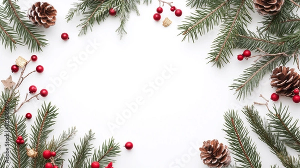 Obraz Minimalist Christmas Frame with Evergreen Branches on White Background