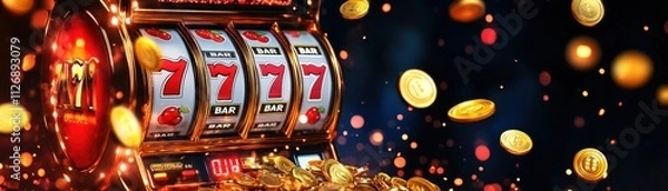 Fototapeta A vibrant slot machine with spinning reels displays sevens and coins flying, symbolizing excitement and potential winnings in gambling.