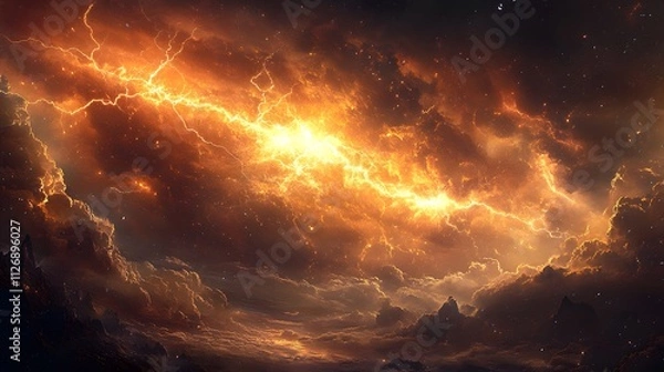 Fototapeta Fiery sun blazes through a swirling nebula, casting a dramatic glow across the cosmic canvas