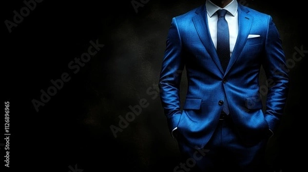 Fototapeta A man in a blue suit and tie is standing in front of a black background. Concept of professionalism and formality, as the man is dressed in a suit and tie