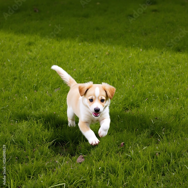 Fototapeta A playful puppy chasing its tail in a lush green park.