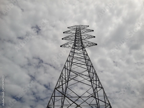 Fototapeta Lattice steel tower for power transmission power line. Distribution steel tower structure for high voltage power line.