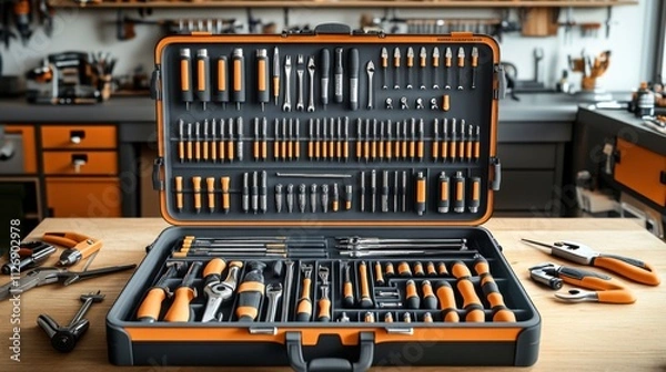 Fototapeta Comprehensive tool kit setup workshop product display organized environment stationary view diy essentials
