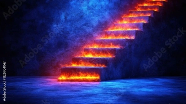Fototapeta A staircase with fire on it. The fire is orange and yellow. The staircase is on a blue background