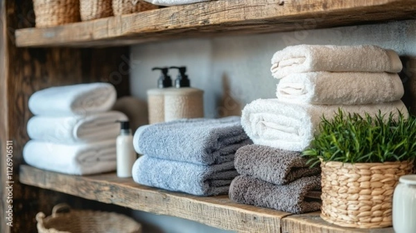 Fototapeta Organized bathroom shelf with folded towels cozy home interior decor rustic vibe close-up serenity and comfort