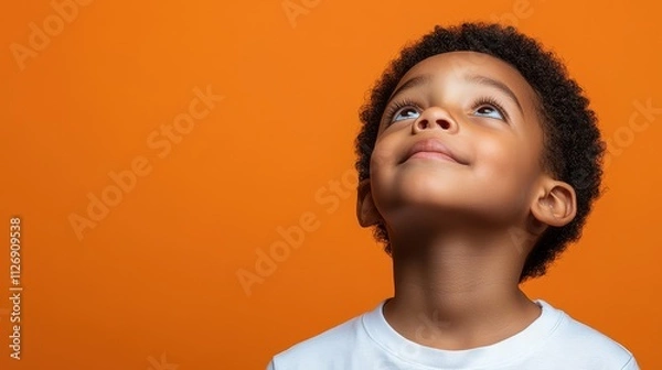 Fototapeta A young boy with brown hair and a white shirt is looking up at the sky. The boy is smiling and he is in a good mood. The orange background adds a warm and inviting atmosphere to the scene