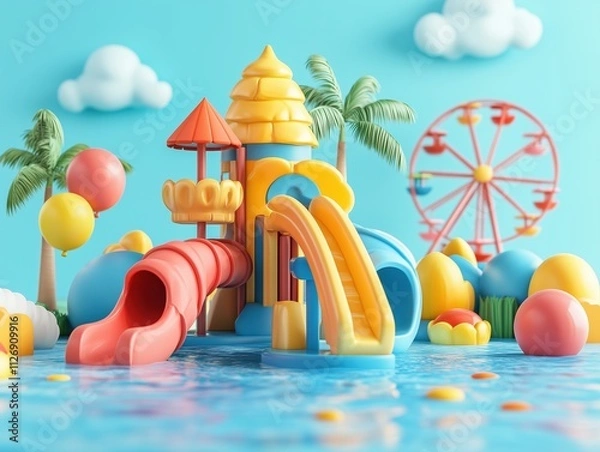 Fototapeta Aqua park cartoon illustration with slides and a pool on a blue background. Kids party poster design