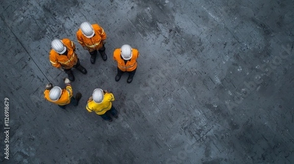 Fototapeta Aerial View of Construction Workers Meeting on Site Urban Environment Professional Discussion Team Coordination