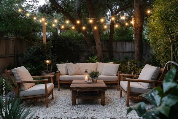 Fototapeta Rustic outdoor patio with string lights, wooden furniture, and Southern greenery for a cozy, modern evening setup