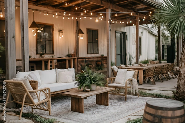 Fototapeta Rustic outdoor patio with string lights, wooden furniture, and Southern greenery for a cozy, modern evening setup