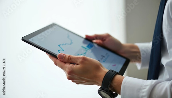 Fototapeta Businessperson analyzing financial data on a tablet  showing a fluctuating graph.