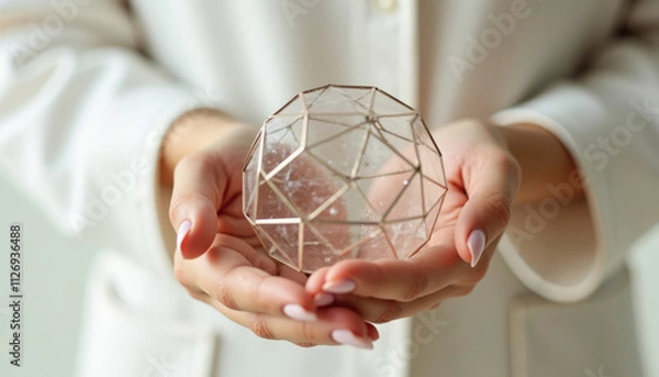 Fototapeta Woman's hands gently hold a delicate  geometric glass terrarium.