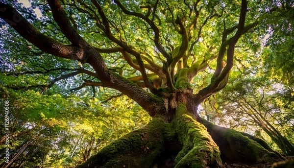 Fototapeta A low-angle perspective of Majestic Oak Tree in a Lush Forest, Revealing Nature's Grandeur and Tranquil Beauty