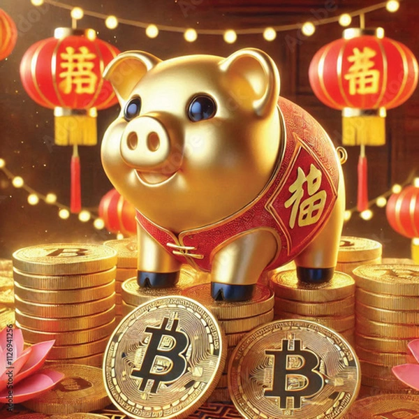 Fototapeta Celebrate Chinese New Year with a golden piggy bank filled with shimmering Bitcoin coins, blending tradition with the promise of digital prosperity.
