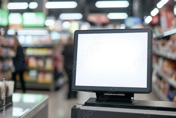 Fototapeta Blank digital screen mockup for advertisement, placed near the checkout counter in a modern supermarket, with visible shoppers in the blurred background