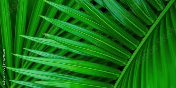 Fototapeta Close up shot of a vibrant palm leaf showcasing its natural texture and tropical green hues, tropical leaf, macro
