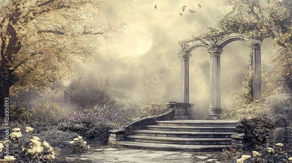 Fototapeta Enchanting autumnal garden with stone ruins under a full moon