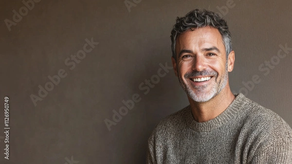 Fototapeta Portrait of a man with salt-and-pepper hair and a warm smile, wearing a casual sweater, standing against a neutral taupe background, relaxed and approachable