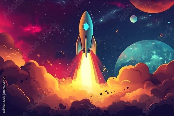 Fototapeta Explore the wonders of space with a detailed illustration of a rocket and celestial bodies, perfect for science and education. illustration, science, design, mosque, travel, child, star, sky,