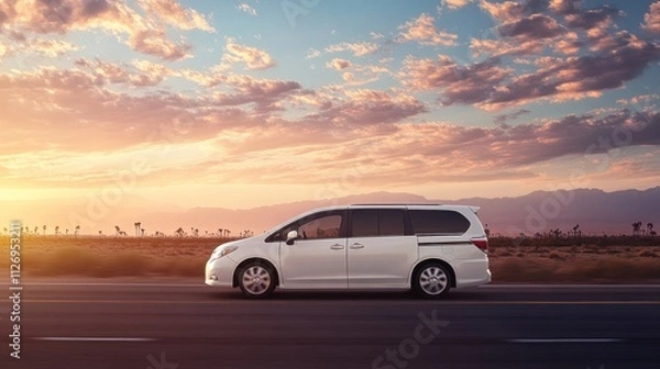 Fototapeta A white minivan drives along a road at sunset, surrounded by scenic desert landscape.