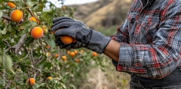Fototapeta A person harvesting ripe apricots from a tree in a rural setting.